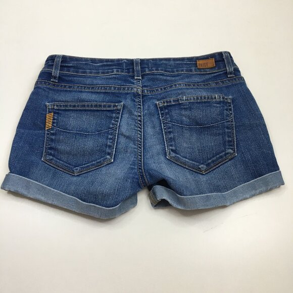 PAIGE Medium Wash 5 Pocket Logo Hardware JIMMY JIMMY Cuffed Hem Denim Shorts - Picture 7 of 9